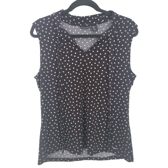Tahari Tank Blouse Large Womens Black Purple polka Dot V Neck Sleeveless Top - Picture 1 of 7